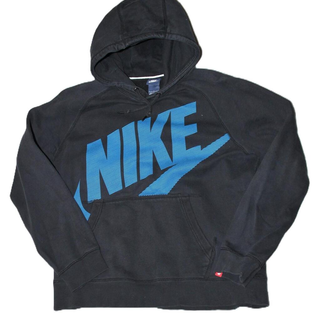Nike Hoodie Mens L Black Fleece Pullover Hooded Graphic Print Logo Pockets
